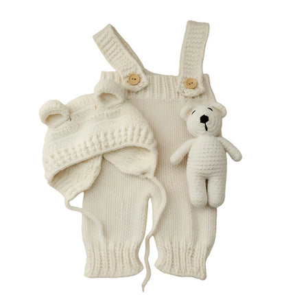 3pcs/sets Newborn Cute Bear Photography Clothing Hand-woven Romper Pants Hat Dolls Decor Props Baby Photoshoot Outfits