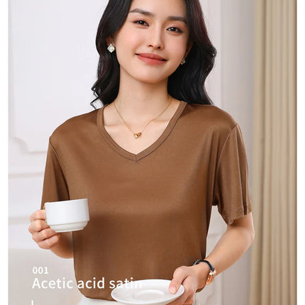 2026 Summer New Women's T-shirt V-neck Knitted Women's Short Sleeve High end Acetate Fiber White Fashion Women's Top