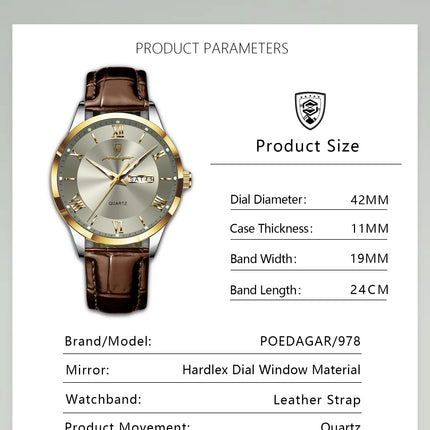POEDAGAR Original Luxury Men's Wristwatch Leather Date Week Quartz Fashion Men Watch Waterproof Luminous Classic Watches For Men