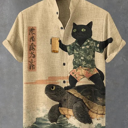 Men's Edo Cat Samurai Warrior Japanese Art Anime Shirts 3D Print Casual Hawaiian Shirts Summer Men Women Short Sleeve Blouse Top