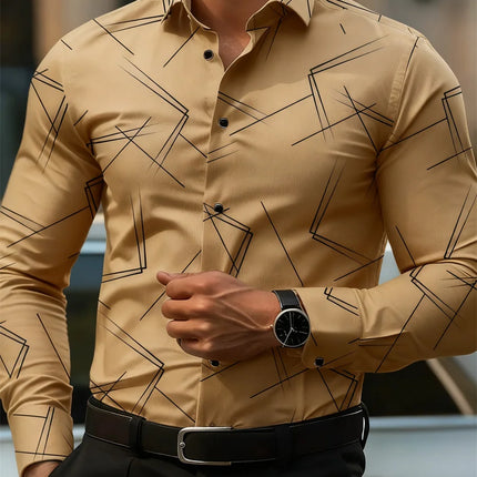 Men's trendy geometric line print long-sleeved shirt Business casual fashion design slim fit non-iron versatile ins style shirt