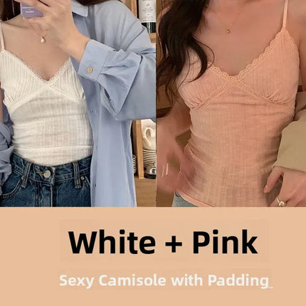 Pure Desire Lace Trim Camisole Tank Top with Chest Pad Summer Slimming Inner Wear Outerwear Beautiful Ba Boting Underwear
