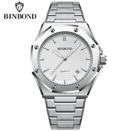 BINBOND Men's Watch Top Brand Royal Casual Men Big Dial Silver Stainless Steel Calendar Quartz Wristwatch Classic Luminous B0233