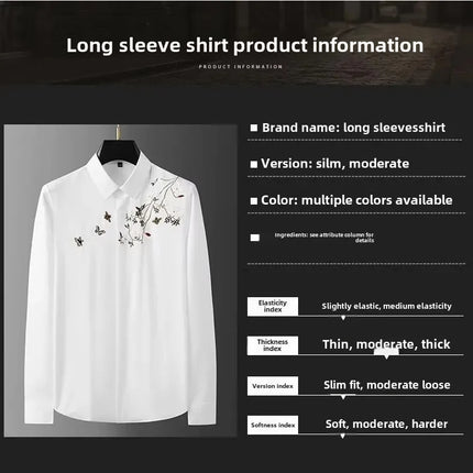 Elegant Chinese Style Embroidered Long Sleeve Men's Casual Shirt Autumn Iron Free Slim Fit Fashionable Top Men's Dress Shirt