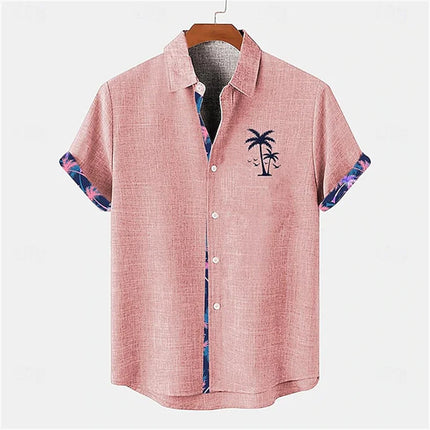 2026 Summer Men's Short-Sleeve Shirt, Coconut Tree Print, Color-Blocked Placket, Casual Vacation Beach Shirt, Hawaiian Shirt