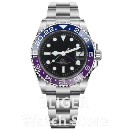 BLIGER 40mm 515 24H GMT Men's Watch Stainless Steel Clasp Luminous Quartz Movement Ceramic Bezel Sapphire Glass 10Bar Waterproof