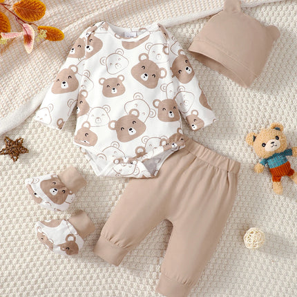 0-9 Months Newborn Baby Boy 4PCS Clothing Set Bear Print Short/Long Sleeve Bodysuit+Pants+Hat+Sock Cute Baby Photograph Outfit