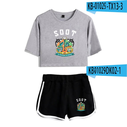 Youthful Internet Celebrity Wilbur Soot Dew navel Sport Short Sleeve tracksuit Girls Two Pieces sets T-shirts shorts Pants