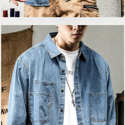 Retro American Style Long Sleeve Denim Workwear Shirt Jacket Men's Fashion Versatile Spring Outerwear Classic Look