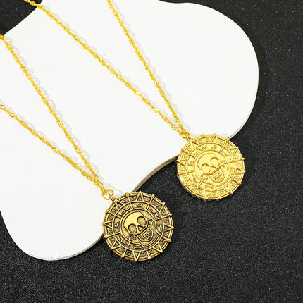 Pirates of the Caribbean Jack Sparrow Aztec Skeleton Skull Heads Coin Medallion Pendant Vintage Jewelry Necklace for Wholesale