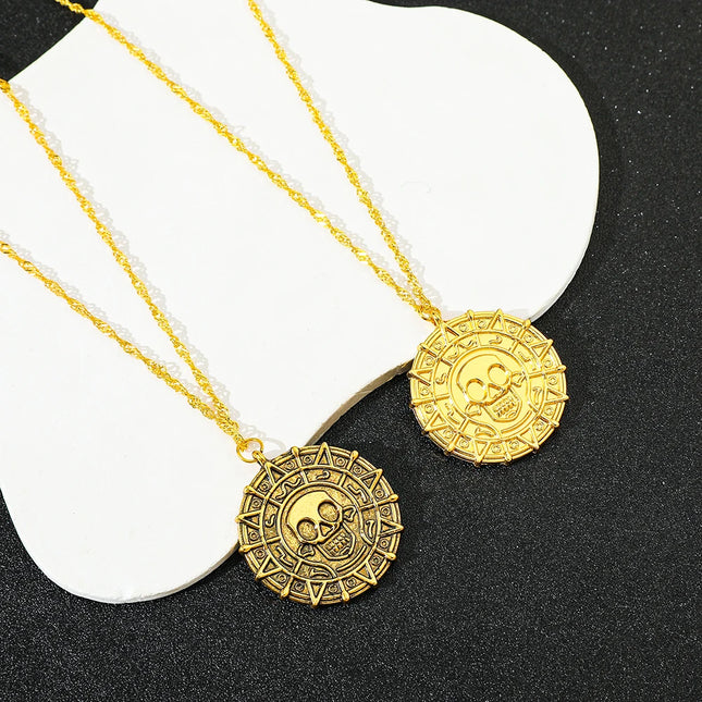 Pirates of the Caribbean Jack Sparrow Aztec Skeleton Skull Heads Coin Medallion Pendant Vintage Jewelry Necklace for Wholesale