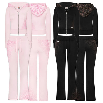 Streetwear Y2k Pink Leopard Print Sports Suit Women Gothic Punk Graffiti Slim Zipper Hoodie Fashion Sexy High Waisted Sweatpants