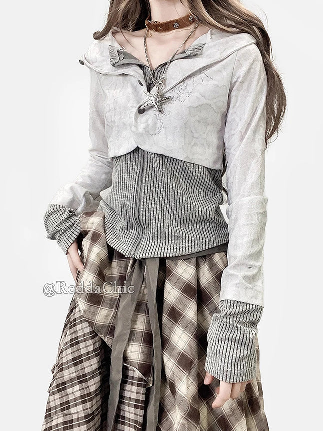 REDDACHiC Stitch Knit Lepard Hoodies Jacket Y2k Aesthetic Rhinestone Long Sleeve Top Zip Up Hooded Cardigan Vintage Fall Clothes