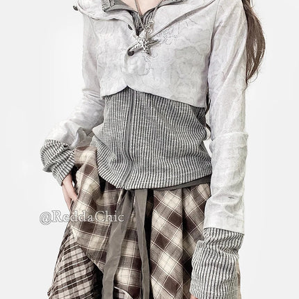 REDDACHiC Stitch Knit Lepard Hoodies Jacket Y2k Aesthetic Rhinestone Long Sleeve Top Zip Up Hooded Cardigan Vintage Fall Clothes