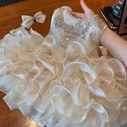 Girl's Princess Dress 2025 New Summer Bright Pearl Dress for Baby Girl's Birthday and First Year Dress with Bow Back Decoration