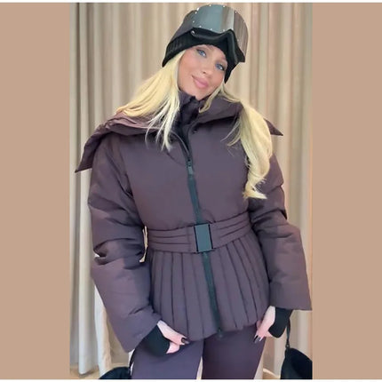 Women Peplum Ski Jackets Hooded Stand Collar Belt Waist Zipper Solid Puffer Jacket Fashion Sheath Warm Sport Winter 2025 Skiwear