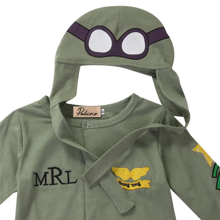 6-24months Baby Boys 2pcs Outfit Long Sleeve Pilot Romper + Cap Army Green Jumpsuit For Infant Boys Spring Autumn Playsuit