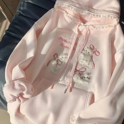 Cute Cartoon Bow Hoodies Women Loose Sweet Lace Patchwork Kawaii Sweatshirts Japan Preppy Style Spring Long Sleeve Pink Tops New