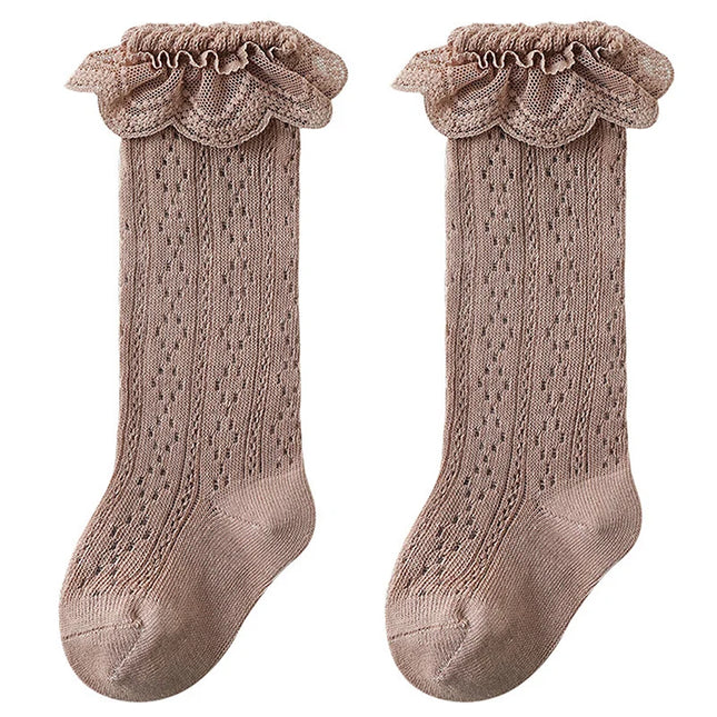 Pudcoco Toddler Girls Knee High Socks Summer Breathable Knit Lace Ruffle Princess Socks for Party, Wedding, Photography 0-3T