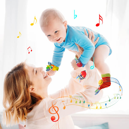 4PCS Baby Rattles Toys 0-12 Months Baby Toys Animal Socks Wrist Strap Sock Set Rattle Baby Foot Socks Sensory Toys for Babies