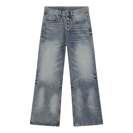 Men's Washed Distressed CatEye Pattern Five Button Jeans Straight Loose Casual Washed Wide Leg Denim Long Pants