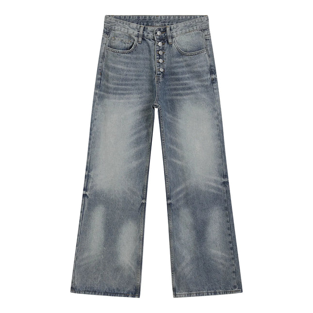 Men's Washed Distressed CatEye Pattern Five Button Jeans Straight Loose Casual Washed Wide Leg Denim Long Pants