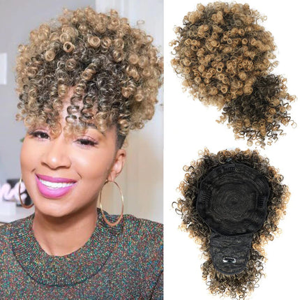 Afro Puff Kinky Curly Synthetic Hair Ponytail with Bangs, Drawstring Ponytail for Black Women Updo Natural Hair Ponytail