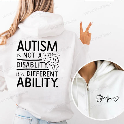 Autism Awareness Hoodie for Men Women, It's Not A Disability It's A Different Ability Zip Up Hoodies, Zipper Tracksuit Jackets