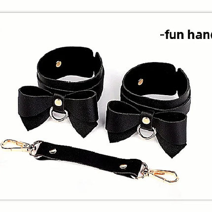 Elegant SM Bowknot Bondage Set Delivers Collar Leash Gag Handcuffs Ankle Cuffs And Whip For Sensual Roleplay Costume Exploration