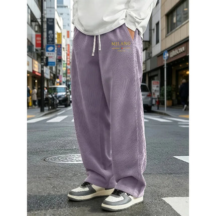 Men's Standing Corduroy Wide Leg Pants with Elastic Drawstring, Loose Straight Leg Pants, MILANO Letter Print, Choose From S-4XL