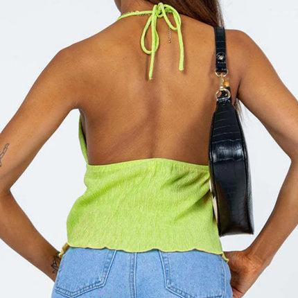 Women's Halterneck Crop Tops Summer Solid Color Bandage Open Front Backless Sleeveless Green Tops Y2K Streetwear