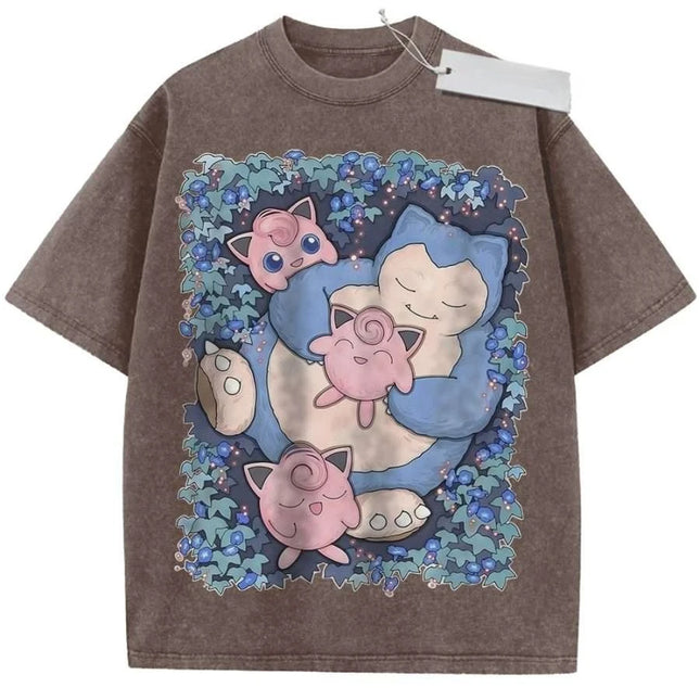 T-Shirt Sports T-Shirt Short Sleeve T-Shirt Purple Unisex Pure Cotton Washed Vintage Pokemon Anime Jigglypuff Snorlax Print