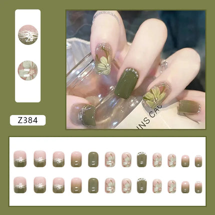 White Camellia 24 Pcs Press on Nails Pink Nail polish Glossy Artificial Finger Manicure Reusable False Nails