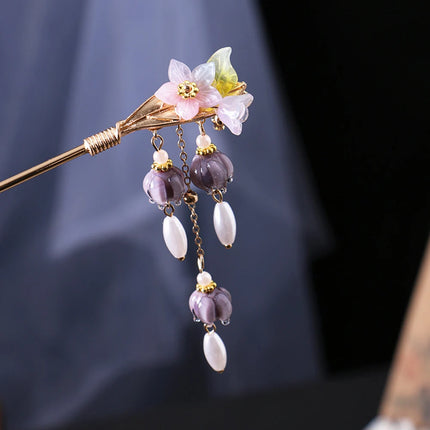 Chinese Purple Flower Hair Sticks Hanfu Decor Hairpins For Girls Tassel Pearl Hair Bun Chopsticks Retro Party Hair Clasp Jewelry
