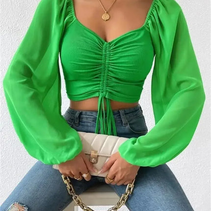 Sexy V-neck Women Blouses Drawstring Long Sleeve Crop Tops Ladies Fashion Summer Short Shirt Woman Clothes Blusas Camisas Mujer