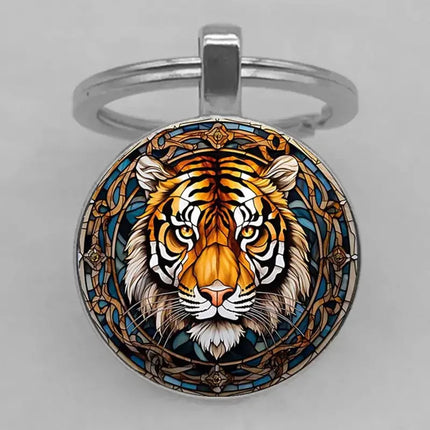 Stained Glass Style Tiger Head Round Keychain, Animal Pattern Glass Cabochon Metal Key Ring, Cool Wildlife Fashion Accessory Gift for Men