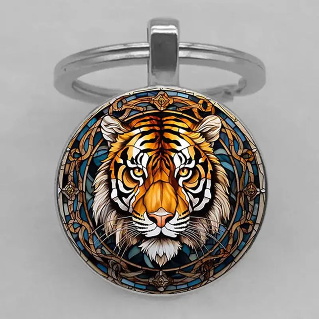 Stained Glass Style Tiger Head Round Keychain, Animal Pattern Glass Cabochon Metal Key Ring, Cool Wildlife Fashion Accessory Gift for Men