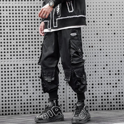 Men's Reflective Cargo Pants Korean Harem Techwear Trousers Trendy Streetwear Functional Multiple Pockets Stylish Casual Fit