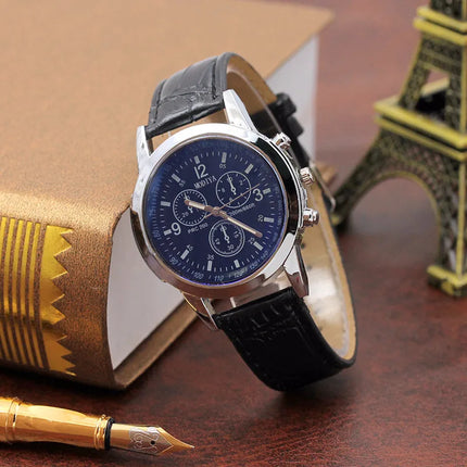 Luxury Blue Ray Glass Watches For Men Neutral Quartz Simulates The Wrist Watch Brand Casual Leather Strap Watches Reloj Hombre