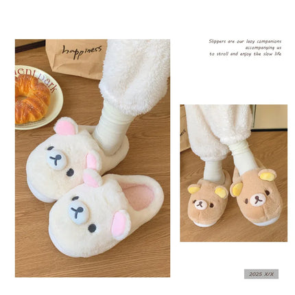 Cute Rilakkuma Unisex Cotton Slippers Warm Indoor Outdoor Anti-Slip Home Shoes Cute Design Winter Wearable for Men And Women