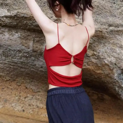 New Women's Tank Tops: Sexy Hollow Back Camisole with Chest Pad, Summer Basic Elastic Tank Top, One-Piece Vest, Casual Short Crop Tops