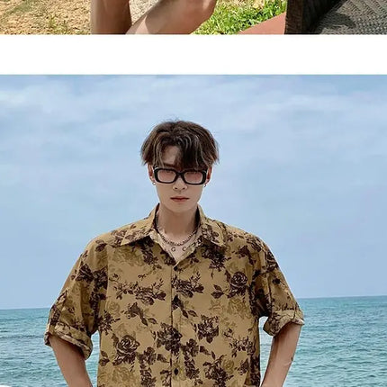 Loose Straight Leg Five-Quarter Beach Pants or Short Sleeve Printed Shirt Beach Travel Men's Fashion Floral Patterned Two-Piece Set