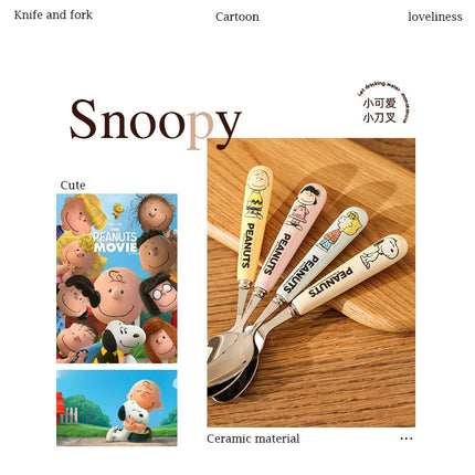 Genuine 2Pcs Cute Cartoon Snoopy Stainless Steel Spoon Ceramic Handle Spoon Fork Children's Tableware