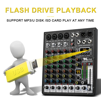 TKLBLS Professional 6-Channel 99DSP Audio Mixer 48V Phantom Power USB Studio Karaoke Bluetooth DJ Console Mixer