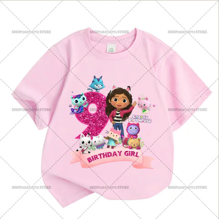 New Gabby Dollhouses Pink Short Sleeve White T-shirts Girls Tops Cotton Summer Casual Birthday Number T-shirt Party Supplies Tee