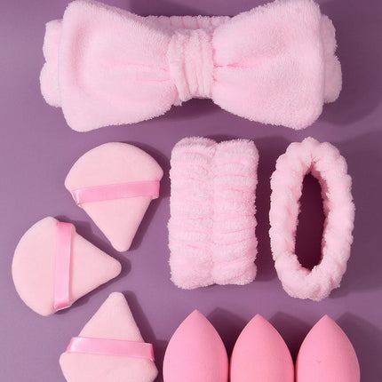 9pcs pink beauty tools, super soft hair tie, wrist strap + dry and wet dual-purpose makeup sponge, egg triangular powder puff