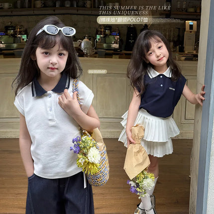 2025 Summer Children's Casual T-shirt Sleeveless Top for Girls and Babies, Color Contrasting Small Collar Polo Tank Top