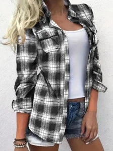 Plus Size 1XL-5XL Women Soft Polyester Fabric Plaid Shirt Casual Fall/Winter Style Machine Washable Button-Up Design Shirt