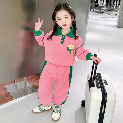 Spring Set Children's Sportswear Suit Girls Flower Top Pants 2 Piece Autumn Lapel Long Sleeve Sweatshirt Outfit Kids Clothing