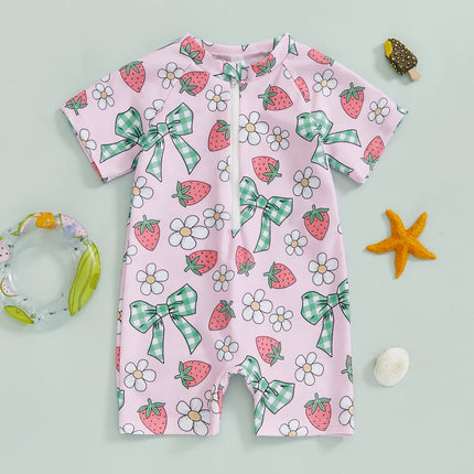 Summer Toddler Baby Girl Short Sleeve Swimwear Bathing Suit Infant Rash Guard Swimsuit Kids Cherry/Bow Print Zipper Beachwear